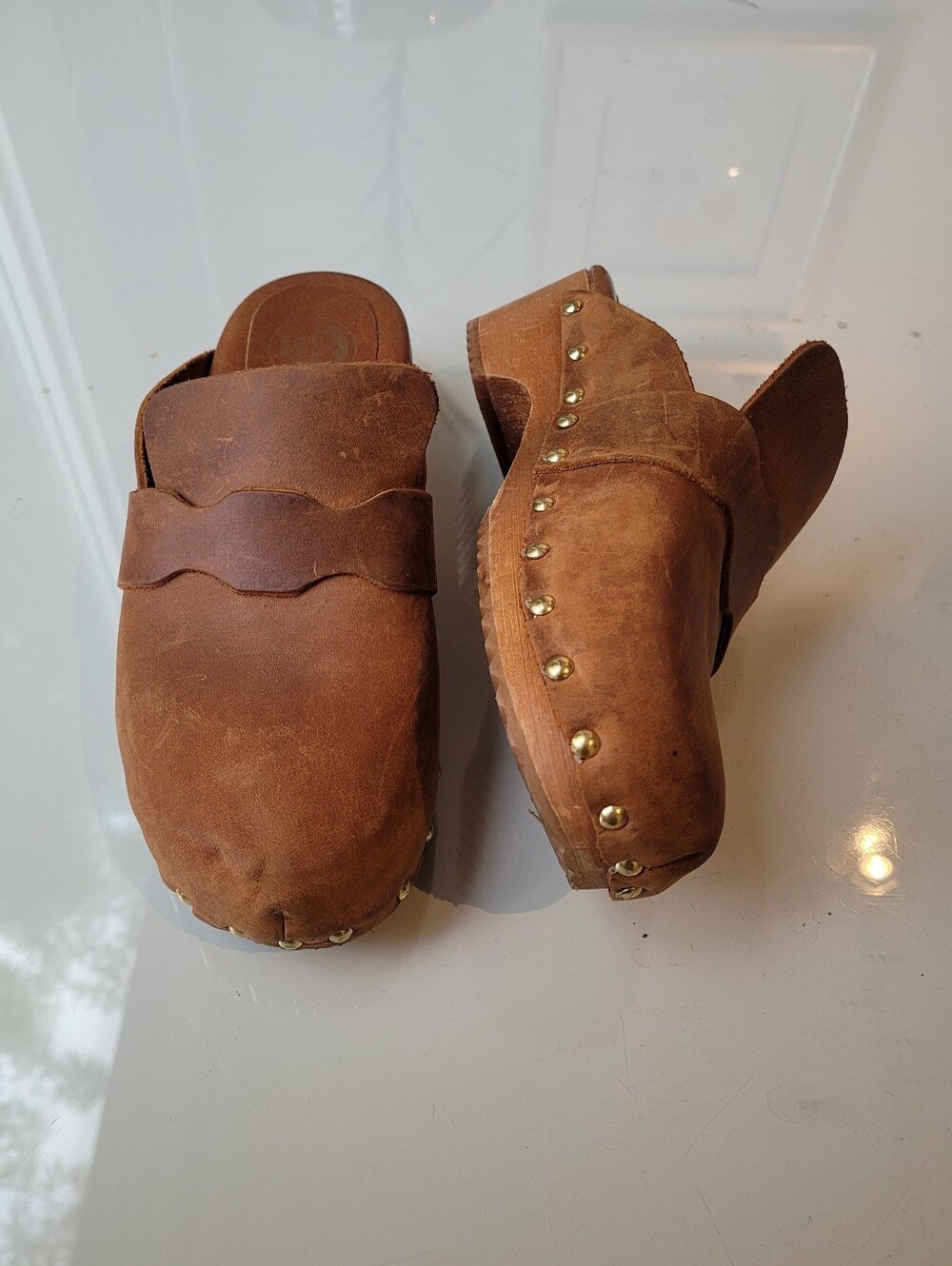 Brown's B2 Brown Leather Studded Clog Mules Size EU 37